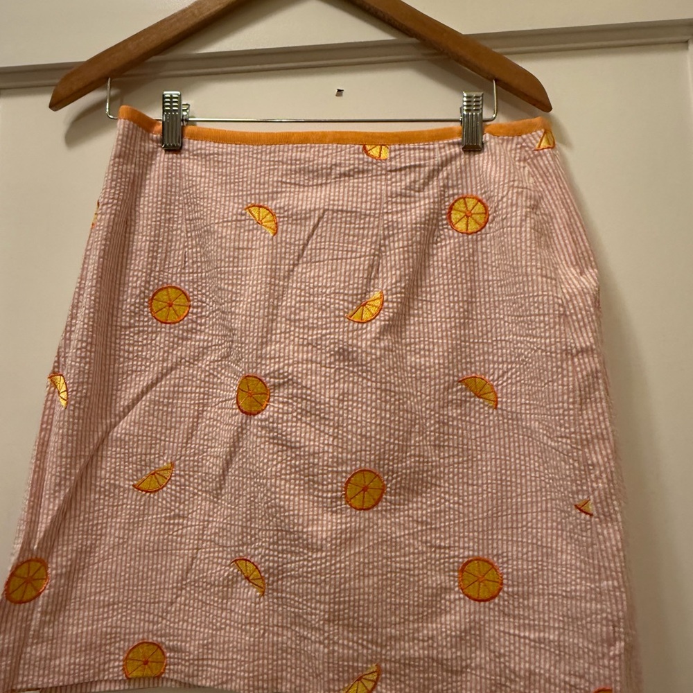 VINTAGE Lilly Pulitzer Pink Pinstripe A-Line Skirt with Orange Trim and Motifs